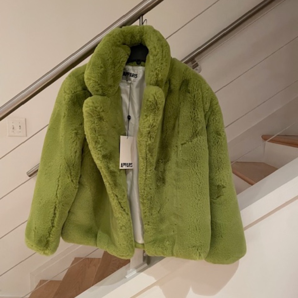 Apparis Manon Faux Fur Coat in Neon Green Size Small with Matching Bambi Scarf